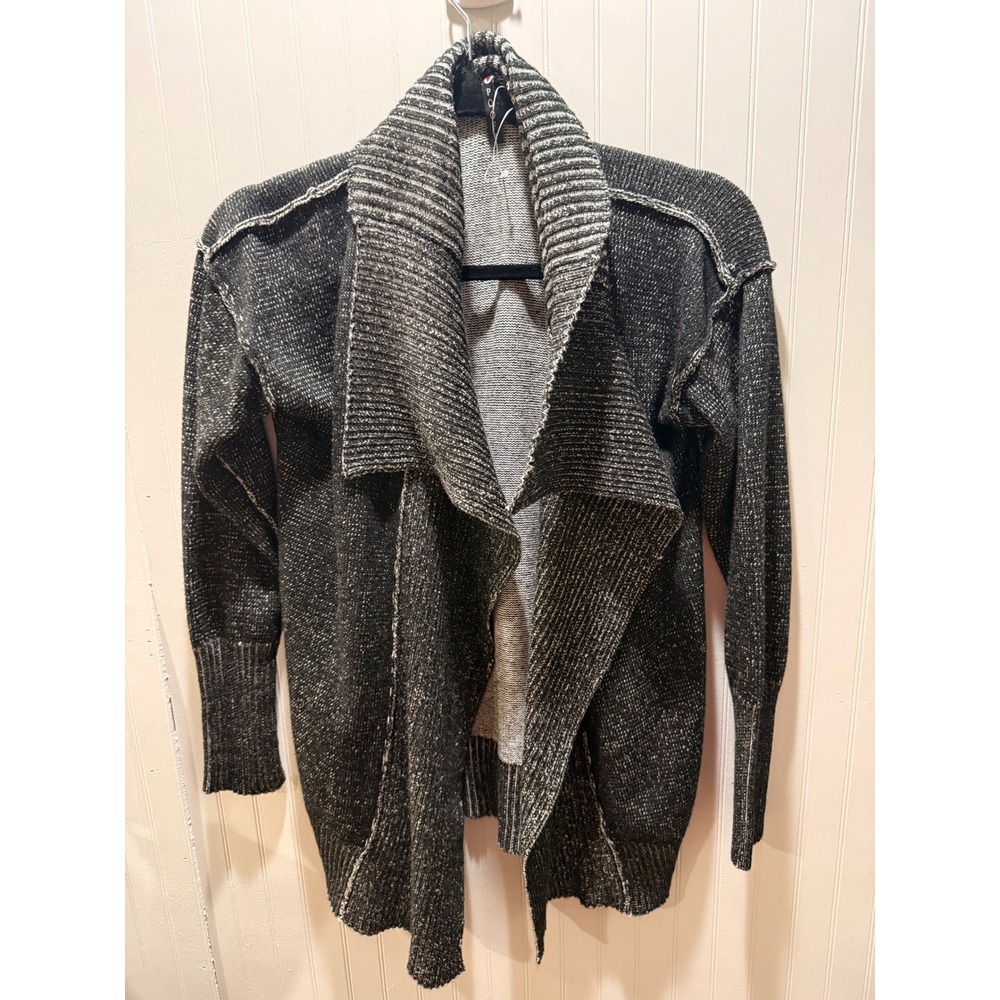 Poof! Womens Black White Marled Open Front Draped Shawl Collar Cardigan Sweater